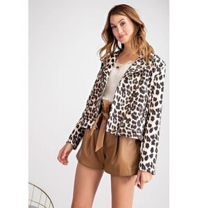 Easel Brown Black Vegan Faux Suede Leopard Print Moto Style Jacket Size Small